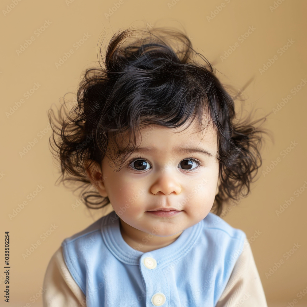Naklejka premium Middle Eastern infant with wispy dark hair wearing a blue shirt