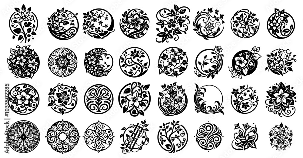 botanical floral design elements in a black vector set botanical floral design elements in a black vector set