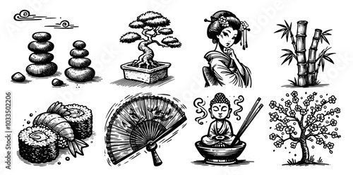 asian art collection reflecting harmony and spirituality in black vector illustrations