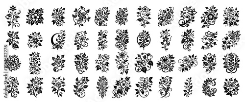 floral ornament set with intricate designs in black vector
