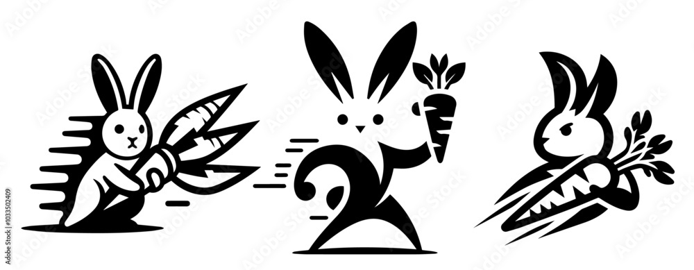 Fototapeta premium playful logo design featuring a superhero rabbit holding a carrot in a vibrant style black vector