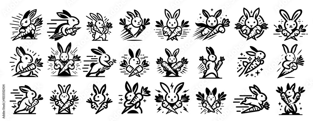 Naklejka premium playful bunny logo with carrot in different action poses, cartoon design