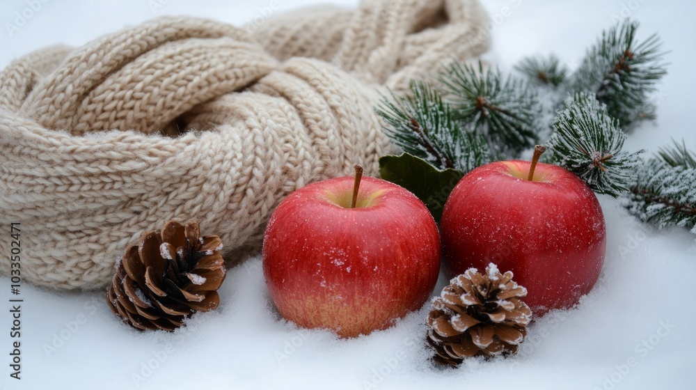 Two red apples, pine cones, a scarf and pine branches on a white snowy background. Two red apples, pine cones, a scarf and pine branches on a white snowy background.