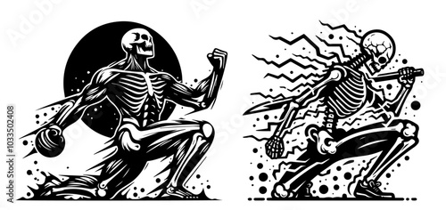 Skeleton warriors with intense poses and lightning effects – black vector
