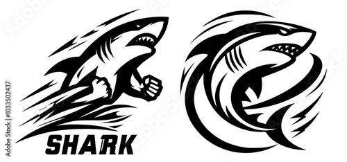 hand-drawn sharks in multiple logo poses black vector