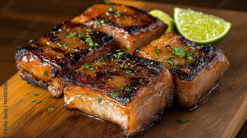 Grilled Meat with Fresh Lime Garnish on Wooden Board Grilled Meat with Fresh Lime Garnish on Wooden Board