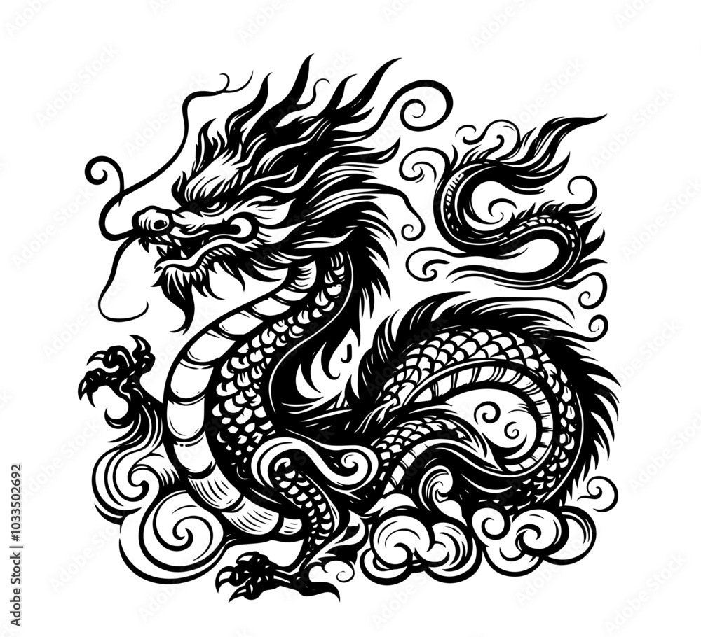 artistic line drawing of a Chinese dragon, showcasing its powerful presence and detailed design black vector artistic line drawing of a Chinese dragon, showcasing its powerful presence and detailed design black vector