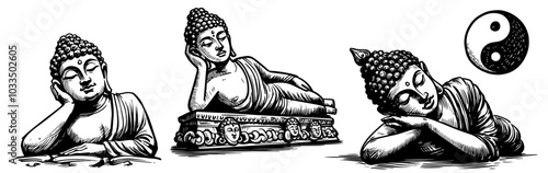 black and white hand-drawn buddha statues for cultural and spiritual designs