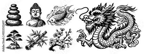 oriental art collection embodying japanese culture and serenity in black vector