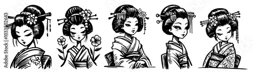 cartoon style geisha line art illustration in black vector