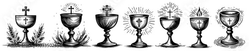 christian faith elements illustrated in elegant line art style black vector