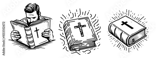black vector bible graphics set in simple line art mono line style