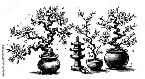 Canvas Print bonsai tree and zen garden stones with hand tools in black sketch style vector