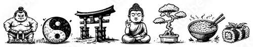 traditional japanese art elements representing zen and spirituality in black vector illustration