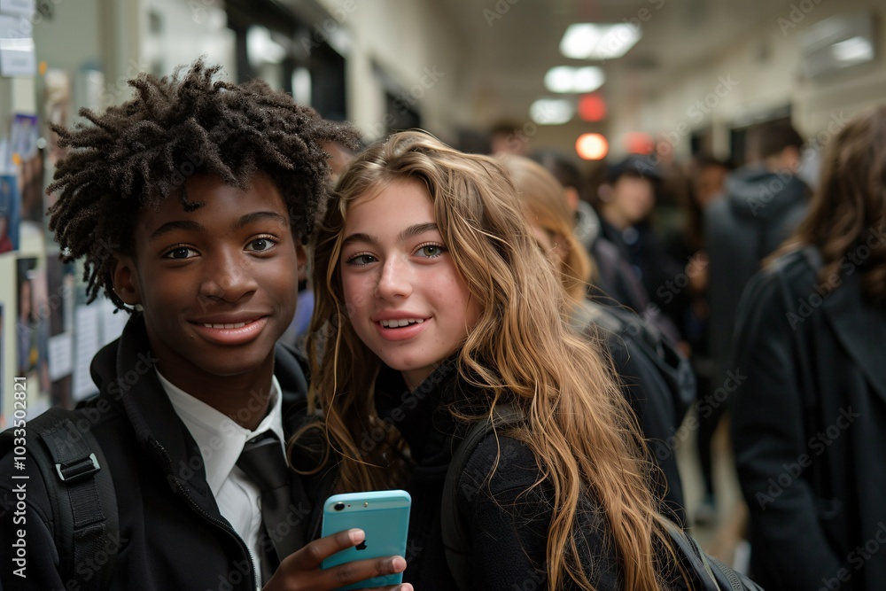 Obraz premium A group of diverse children in a schoolyard taking selfies with their smartphones, symbolizing equality in education and race. This image captures the joyful spirit of youth and inclusivity in a learn