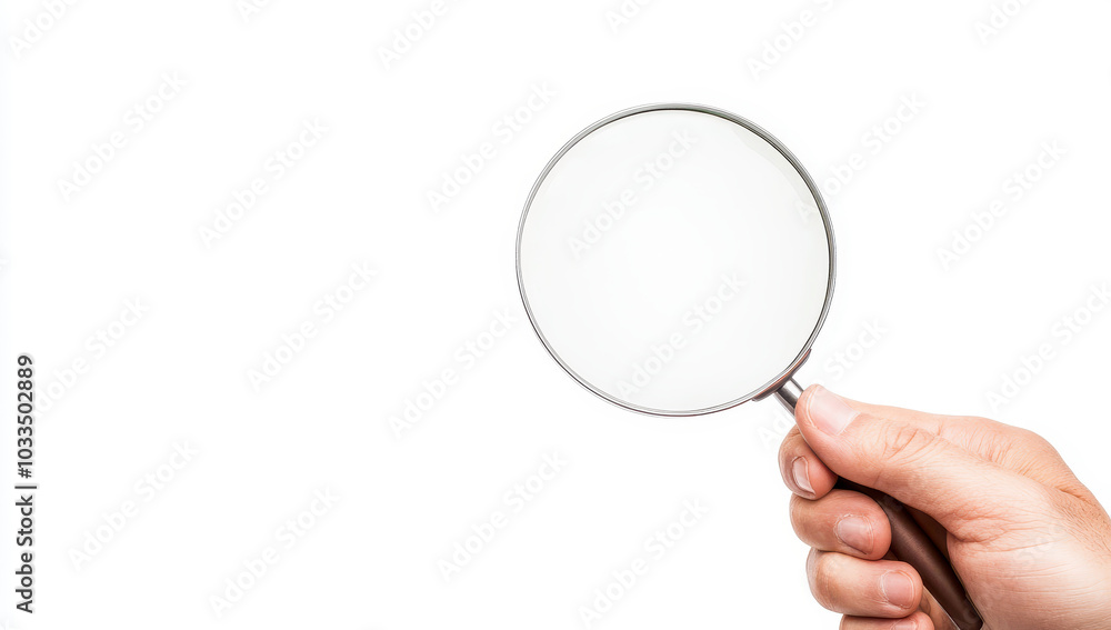 Hand holding a magnifying glass isolated on a white background, symbolizing focus and investigation Hand holding a magnifying glass isolated on a white background, symbolizing focus and investigation