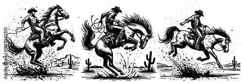 cowboy in action on horseback line art sketch black vector