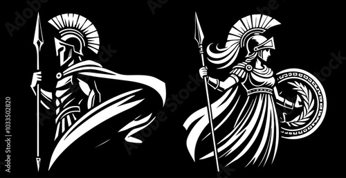 detailed line art sketch of a spartan warrior, highlighting his battle stance and traditional weaponry black vector