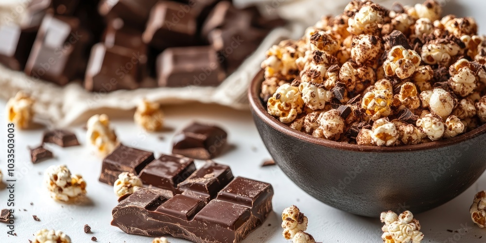 Cocoa alongside chocolate popcorn on a white table. Cocoa alongside chocolate popcorn on a white table.