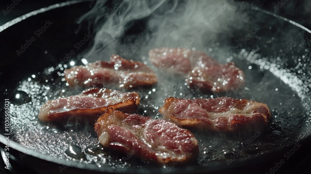 Sizzling Bacon Cooking in a Frying Pan Sizzling Bacon Cooking in a Frying Pan