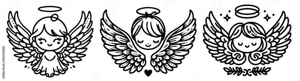 Fototapeta premium adorable line art depiction of a baby angel playing among clouds, embodying sweetness and purity black vector