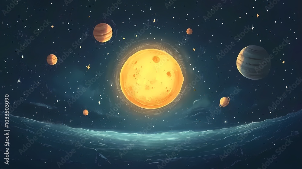 Fototapeta premium Vibrant cosmic scene featuring a bright sun and swirling distant planets.