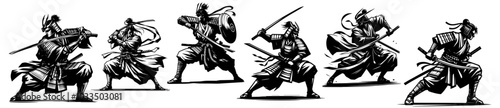 dynamic set of samurai in combat poses black vector design