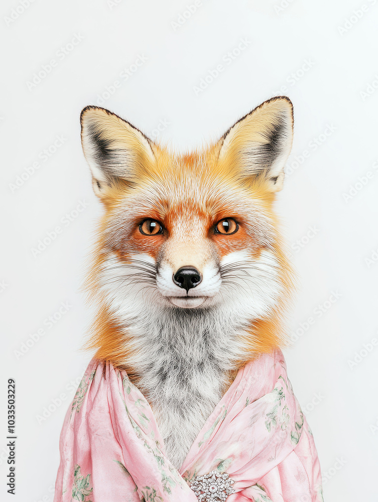 Obraz premium Elegant fox in luxurious haute couture fashion, showcasing whimsical and sophisticated style