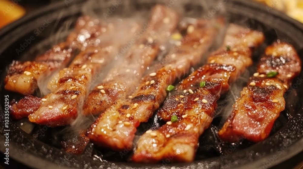 Grilled Meat on Hot Plate with Aroma and Smoke Grilled Meat on Hot Plate with Aroma and Smoke