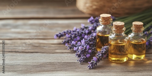 Bottles of essential oil alongside lavender flowers on a wooden table. Room for text. photo