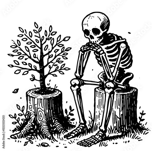 Contemplative Skeleton and Growing Tree, Black and White Sketch