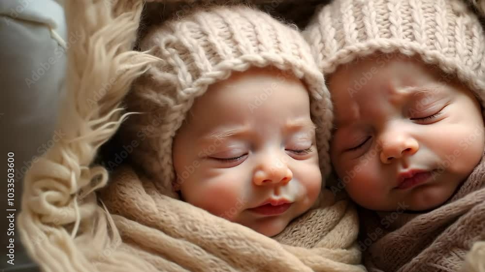 A baby is wearing a white hat and is smiling. The baby is laying in a blanket and is surrounded by a light source A baby is wearing a white hat and is smiling. The baby is laying in a blanket and is surrounded by a light source