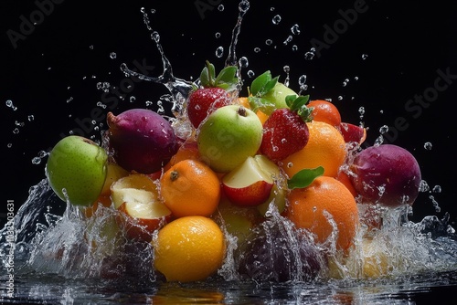 A vibrant mix of fresh fruits like apples, oranges, and strawberries splashed with water against a black background.