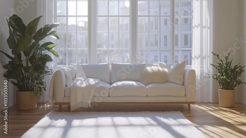 Bright living room with white sofa, plants, and natural light