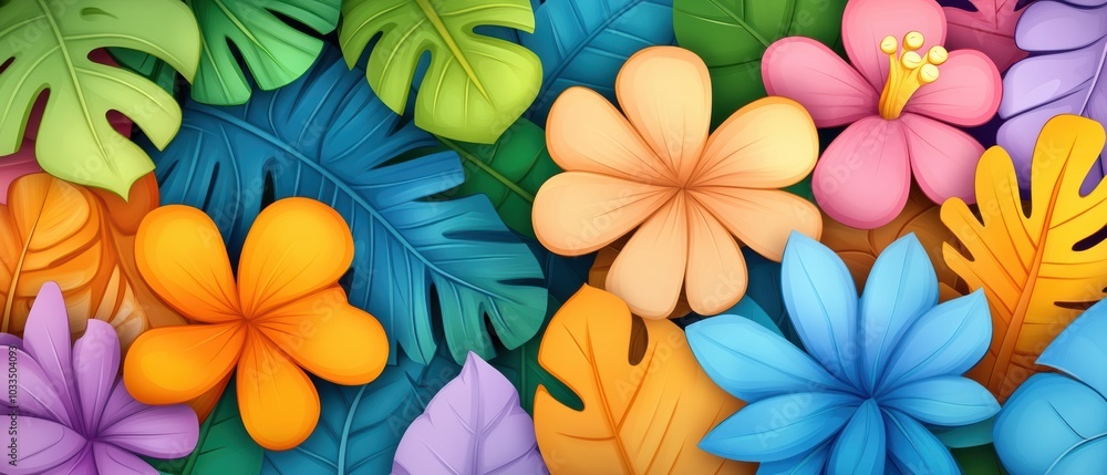 A vibrant and colorful arrangement of tropical flowers and leaves, creating a lively and exotic atmosphere. A vibrant and colorful arrangement of tropical flowers and leaves, creating a lively and exotic atmosphere.
