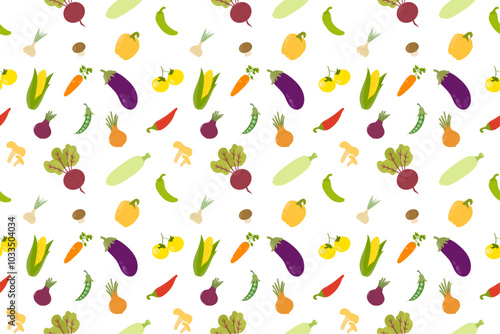 Seamless pattern with hand drawn colorful vegetables. Healthy organic food. Tomatoes, onion, zucchini, eggplant, potatoes, corn, peppers, beet, mushrooms, pumpkin. Vector pattern, background.