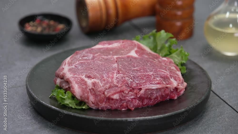 양념과 함께 검은 접시에 담긴 생 스테이크 양념과 함께 검은 접시에 담긴 생 스테이크