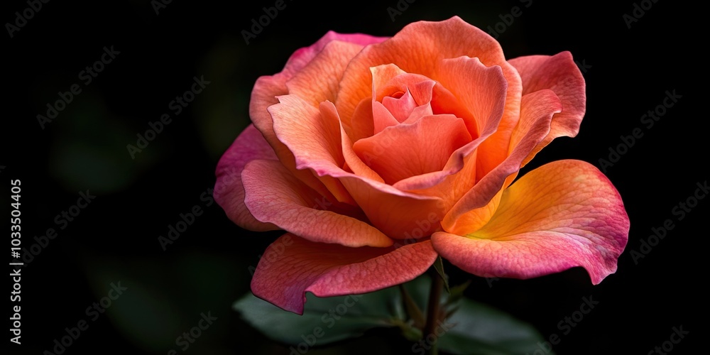 Close-up of a pink coral rose in a garden against a dark background, color-adjusted image. Close-up of a pink coral rose in a garden against a dark background, color-adjusted image.