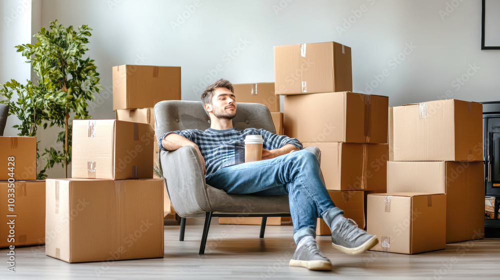 A young man enjoys a break with coffee in a chair after moving into his new apartment surrounded by cardboard boxes A young man enjoys a break with coffee in a chair after moving into his new apartment surrounded by cardboard boxes