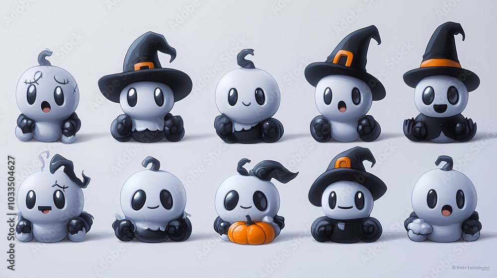 Obraz premium Cute cartoon ghosts dressed for Halloween, showcasing playful expressions and accessories.