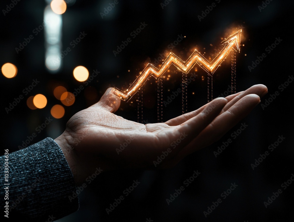 A hand holding a glowing line that looks like an arrow pointing upwards A hand holding a glowing line that looks like an arrow pointing upwards