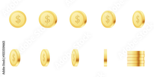 Set of rotating gold dollar coins isolated on a white background. Set of icons of gold coins rotating in different angles for animation. Set of gold coins. 3D vector illustration.