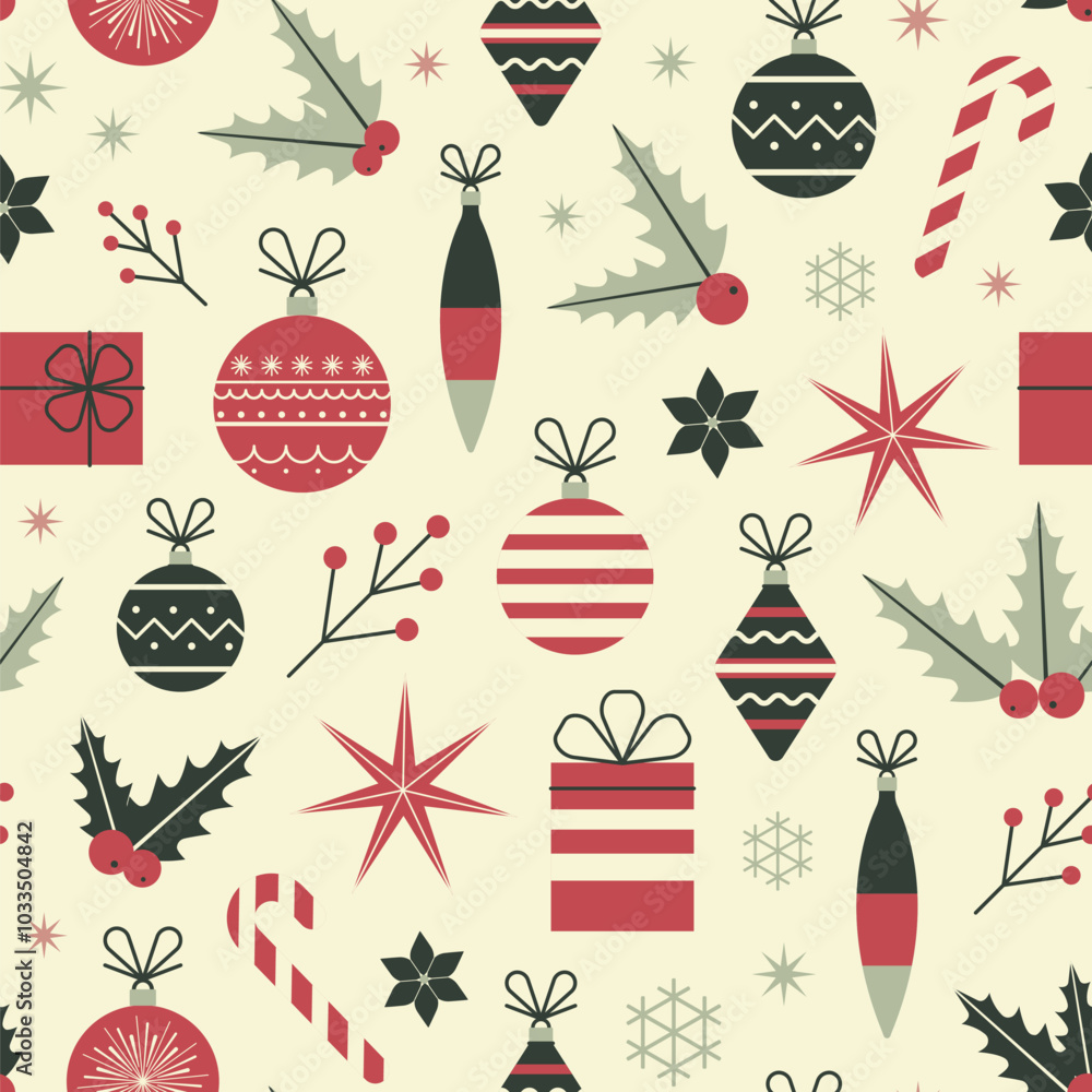 Christmas Seamless Pattern in Retro Red Colors