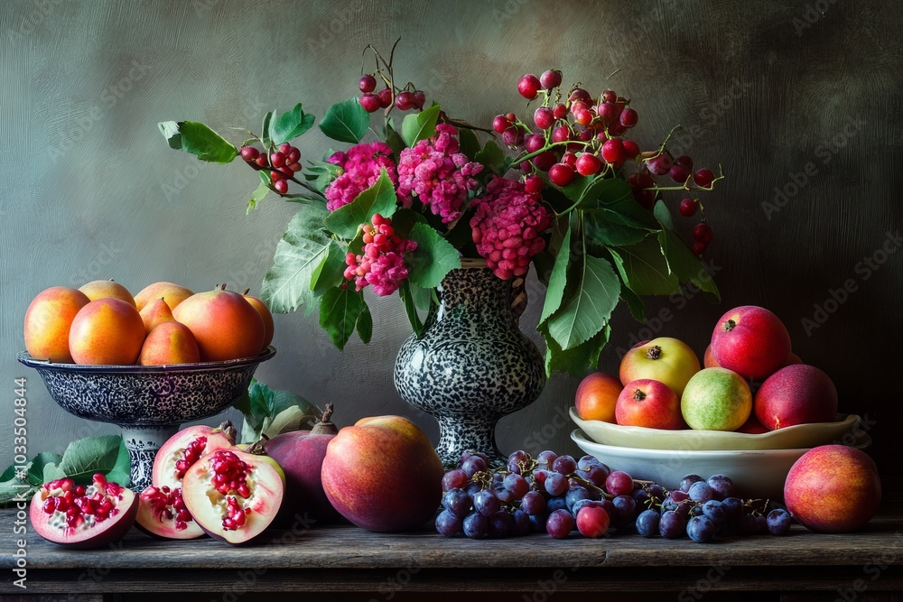 A still life of fresh fruit, berries, and flowers arranged on a wooden table. A still life of fresh fruit, berries, and flowers arranged on a wooden table.