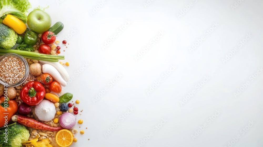 A vibrant arrangement of fresh vegetables and fruits on a neutral background, perfect for healthy lifestyle concepts. A vibrant arrangement of fresh vegetables and fruits on a neutral background, perfect for healthy lifestyle concepts.