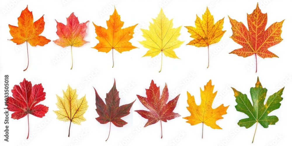 A collection of autumn leaves set against a white background. Vibrant maple leaves. Foliage. A collection of autumn leaves set against a white background. Vibrant maple leaves. Foliage.