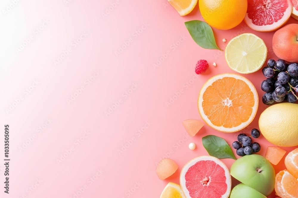 A vibrant assortment of fresh fruits arranged beautifully on a pink background, perfect for healthy lifestyle themes. A vibrant assortment of fresh fruits arranged beautifully on a pink background, perfect for healthy lifestyle themes.