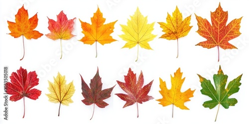 A collection of autumn leaves set against a white background. Vibrant maple leaves. Foliage.