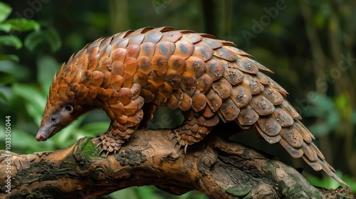 A snail stands on a log, the top of its shell is like a pizza slice. photo