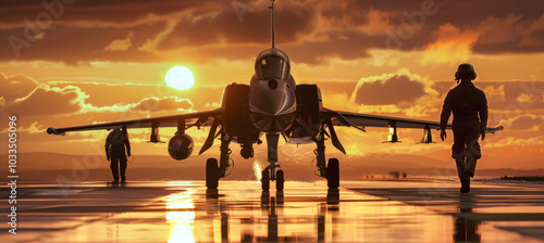 F20 fighter jet poised on the runway as pilot crew walks nearby, silhouetted against a stunning sunset sky with vibrant colors and reflections photo